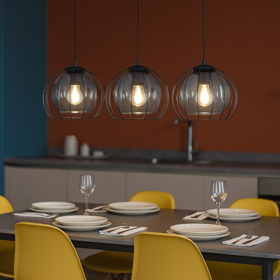 Lampadario per cucina lineare nero tre elementi a sfera diffusori a gabbia